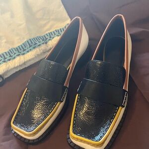 Tory Burch Woman’s Black Patent Loafers with Yellow and White Accents